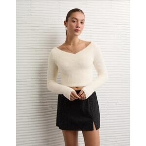 American Eagle Eyelash V Neck Crop Sweater - Cream - XS